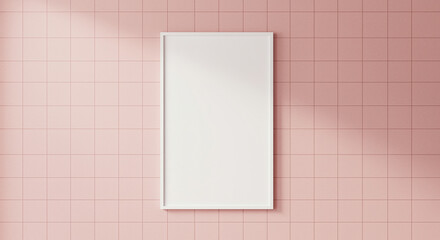 Minimalist blank poster on pink tiled wall with sunlight shadows
