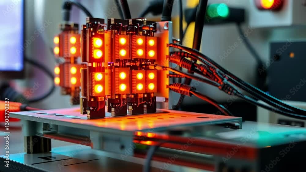 Poster vibrant red led lights illuminate circuit boards in a high tech laboratory. the setup features intri