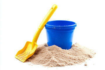 Blue bucket with yellow shovel on sand beach isolated on white background.