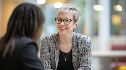 Hr professor smiling and mentoring a student during office hours at a university, discussing career opportunities and recruitment strategies