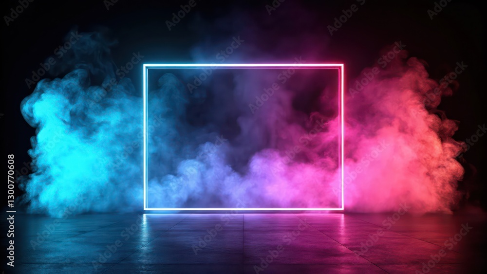 Poster neon square light with colorful smoke background. this image showcases a neon light in the shape of 