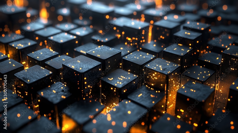 Poster abstract pattern of black cubes with glowing sparks in 3d environment