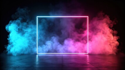 neon square light with colorful smoke background. This image showcases a neon light in the shape of a square surrounded by colorful smoke on dark background