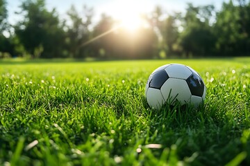 Soccer Ball on Lush Green Grass Under Sunny Sky A Vibrant Stock Photo