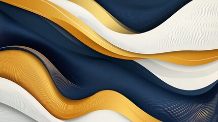 A flowing abstract banner with wavy lines in various widths, creating a sense of movement, in gold and navy tones