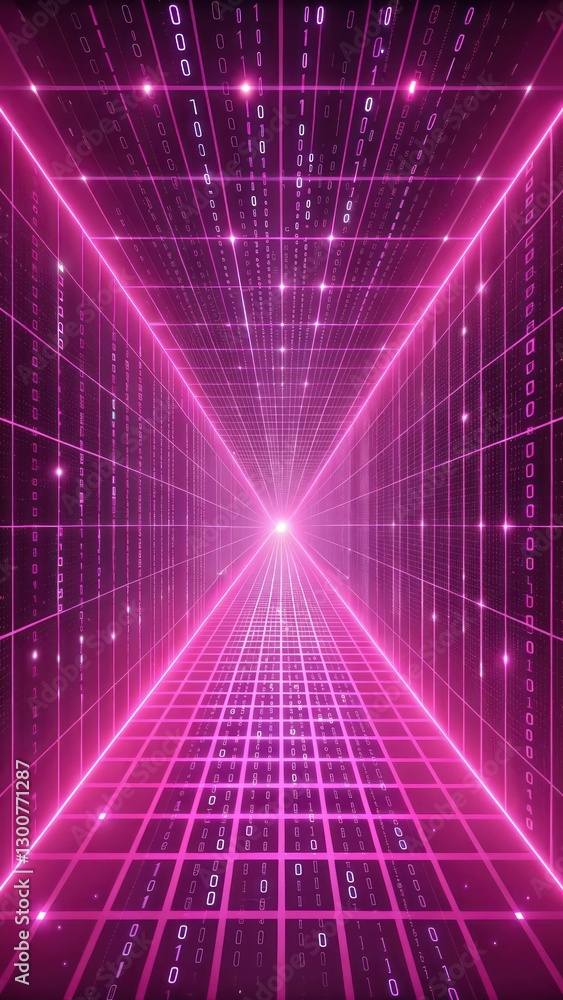 Poster a digital tunnel with neon pink lines and binary code, creating a futuristic and technological atmos