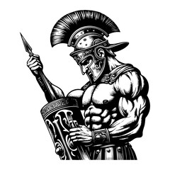 Fototapeta premium Spartan warrior engraving black and white outline. Scratch board imitation. illustrated in vintage line art style on a white background. 