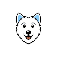 a cheerful cartoon dog head illustration, smiling with joy and happiness