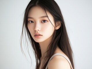 Fototapeta premium Elegant Asian woman with long hair, high nose bridge, and large eyes in light gray tank top, showcasing calm and confident expression under studio lighting. Delicate makeup highlights facial features.