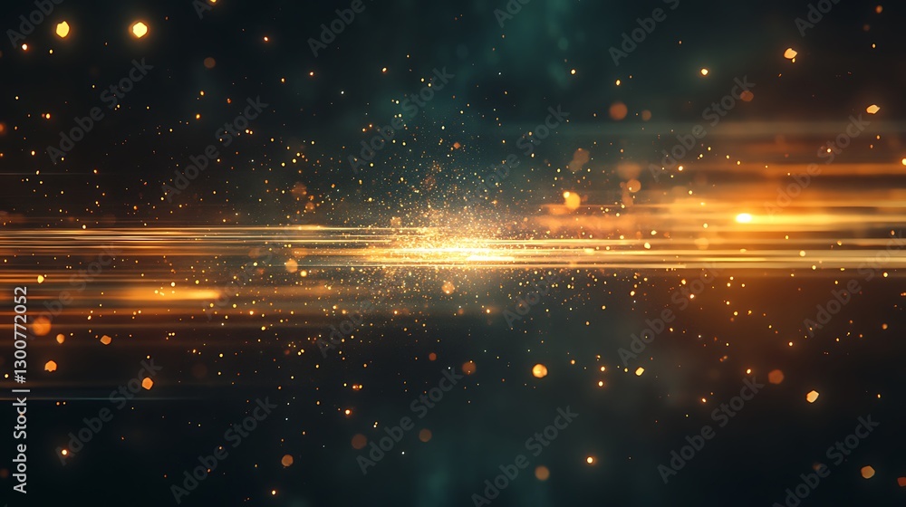 Poster a futuristic abstract design with holographic light trails and sparkles floating on a dark gradient 