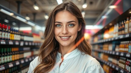 Smiling woman standing in retail store aisle with shelves of bottles