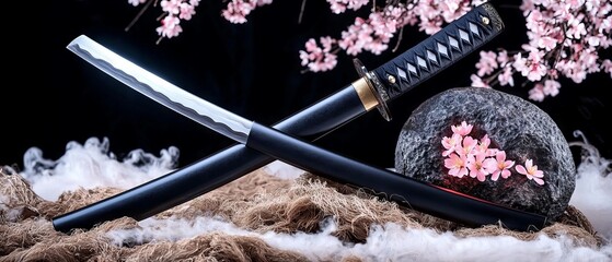 Crossed Japanese Swords with Cherry Blossoms