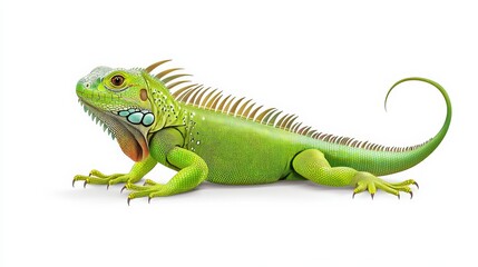Fototapeta premium A vibrant green iguana posed gracefully, showcasing intricate details of its scales and striking features on a clean white background.