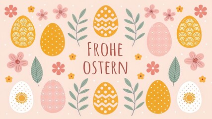 a colorful Easter greeting card with decorated eggs, flowers, and leaves, perfect for the holiday season. The text "Frohe Ostern" is prominently displayed
