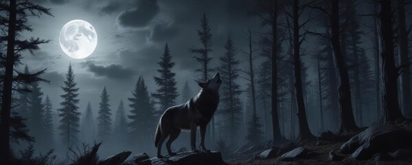 Dark forest landscape with a wolf howling at the moon, forest,  moonlight,  lunar