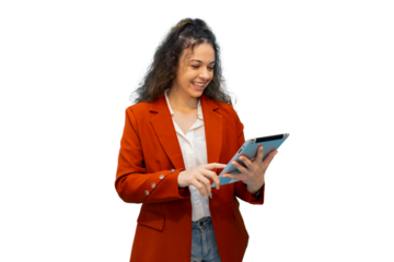 Smiling businesswoman using tablet with transparent background