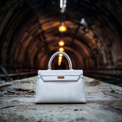 White handbag. Elegant white leather handbag with gold hardware photographed in dark tunnel with dramatic amber lighting creating artistic atmosphere.