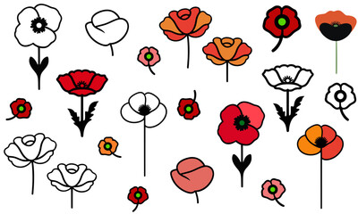 Red, black poppy flowers vector set of icons, never again symbol of world war