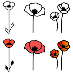Red poppy flowers vector icons set, symbol of remembrance