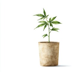 Fototapeta premium A vibrant green plant grows in a textured clay pot, symbolizing growth, nature, and tranquility in a minimalist setting.