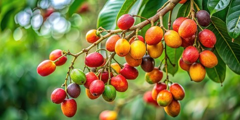 Exotic Brazilian forest fruit hanging from a branch with multiple ripe pequi fruits scattered around it, vibrant colors, South America