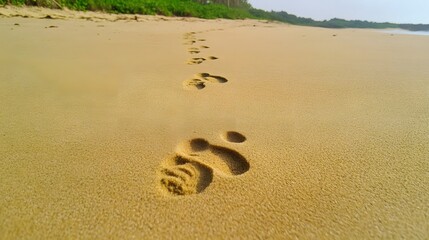 Barefoot Footprints Across Serene Sandy Beach in Natural Landscape