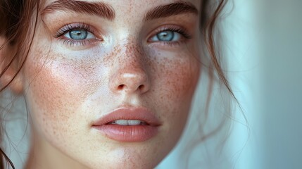 Close-Up of Beautiful Woman with Freckles and Piercing Blue Eyes