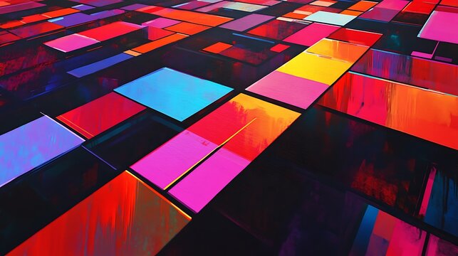 A futuristic grid of glowing squares and rectangles with subtle neon highlights and shadowed depth