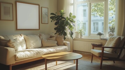 Fototapeta premium Mesa baja redonda de madera cerca del sofá y sillón contra la ventana y la pared con un marco de póster en blanco. Diseño interior escandinavo de sala de estar moderna.