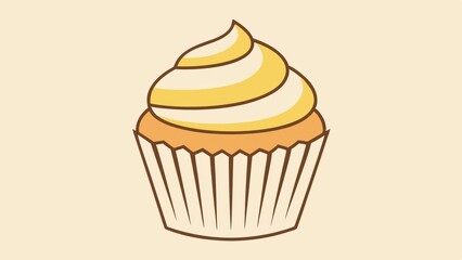 a single cupcake with a swirl of creamy frosting in a paper cup. The cupcake sitting on a beige background