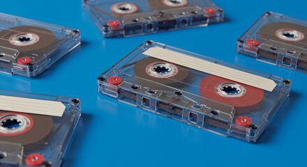 Retro cassette tapes in transparent cases on blue background