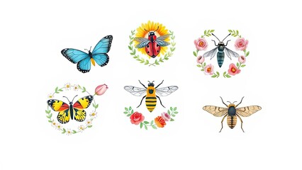 Colorful Insects Butterflies with Floral Wreaths Spring Nature Designs