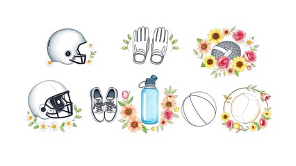 Floral Sports Equipment Accessories Clipart Water Bottle Football Helmet Sneakers Gloves