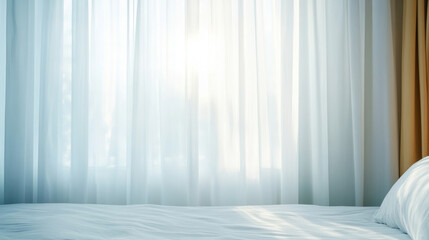 Sunlight filters through sheer white curtains, illuminating a cozy bed with soft lighting, creating a peaceful and romantic atmosphere