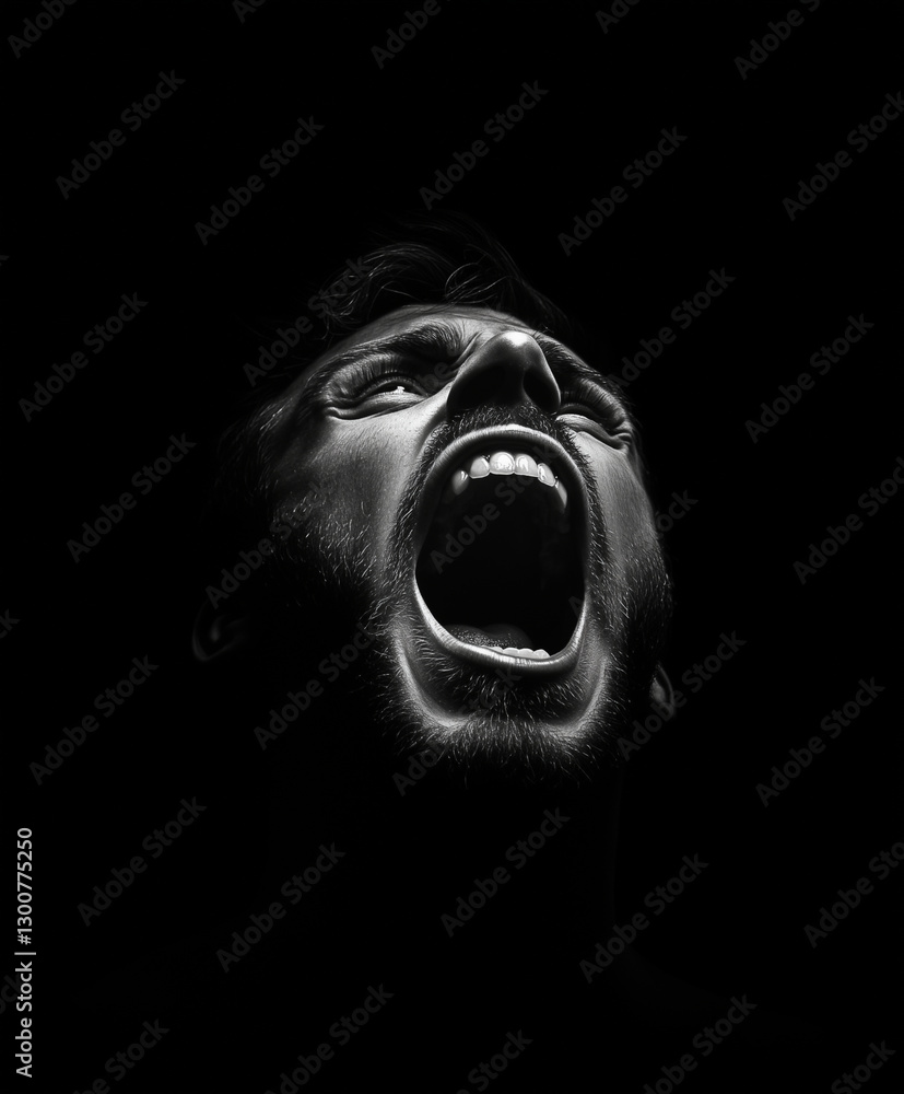 Poster screaming man in darkness expressing intense emotion and terror. stark contrast highlights facial fe