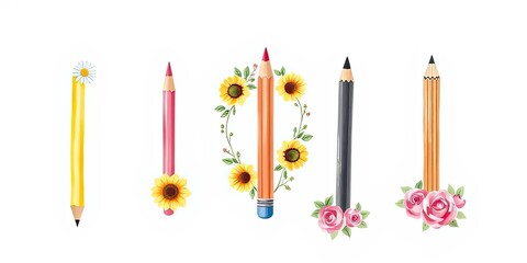 Colorful Pencils with Sunflowers Roses Back to School Art Supplies
