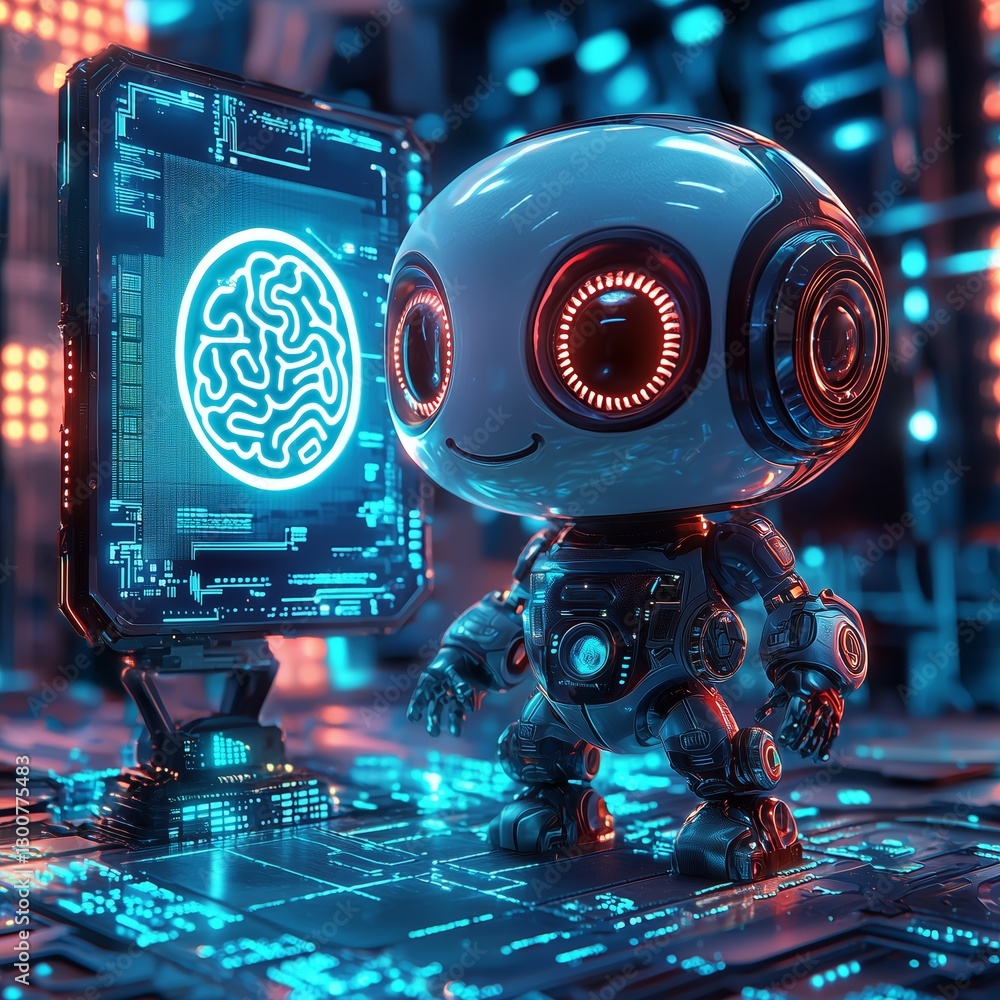 Poster charming futuristic robot with glowing brain in sci-fi environment