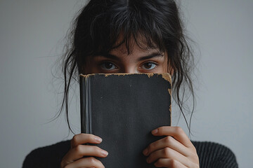 A person holding a book in front of their face