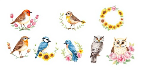 Obraz premium Watercolor Birds Floral Wreaths Spring Summer Autumn Design Elements