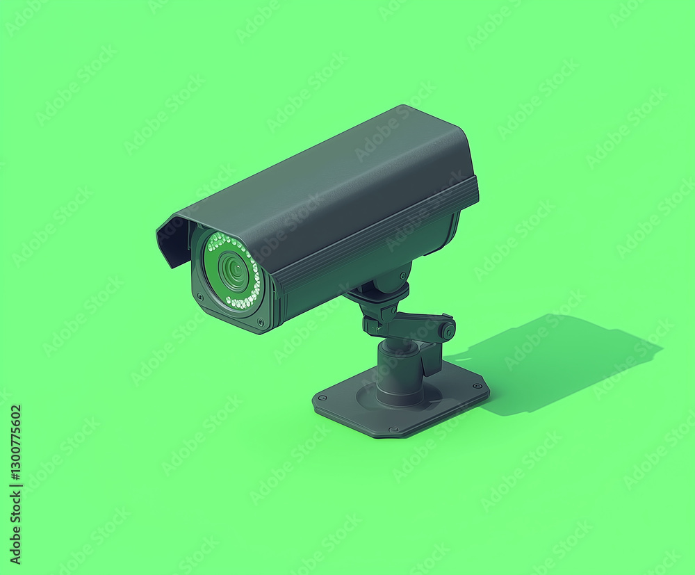 Poster isometric view of cctv camera on green background, showcasing its design and features. camera is mou