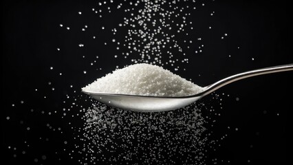 a spoon filled with sugar, with some grains falling, against black background. A close up macro shot of the sugar shows its crystalline