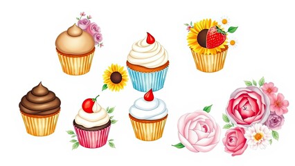 Delicious Cupcakes with Flowers Sunflowers Sweet Treats Bakery Food Illustration