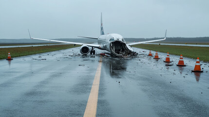 Broken airplane lying on the runway after an incident, surrounded by traffic cones on a rainy day