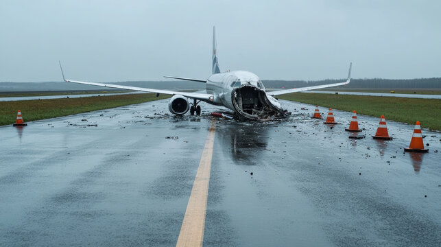 Broken airplane lying on the runway after an incident, surrounded by traffic cones on a rainy day