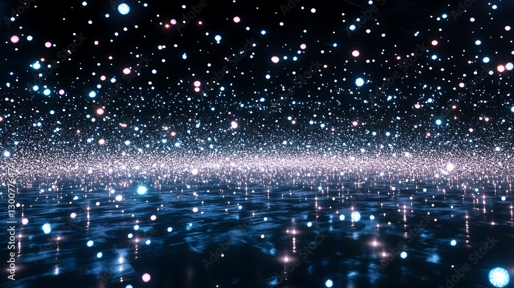 Poster a luminous, starry banner with clusters of tiny sparkling lights scattered across an infinite black 