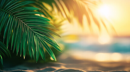 Fototapeta premium Lush green palm leaves framing a serene beach scene at sunset, with soft bokeh lights creating a tranquil atmosphere