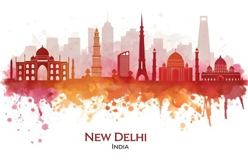 New Delhi India Skyline Red vibrant watercolor skyline of New Delhi with famous landmarks, Artistic cityscape featuring iconic monuments of India’s capital.