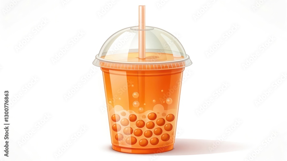 Poster a refreshing orange drink with tapioca balls in a transparent cup with a straw