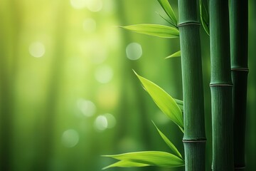 Green bamboo stalks sway gently in a serene forest setting illuminated by soft sunlight filtering through leaves