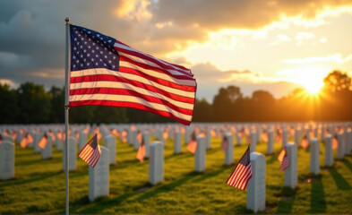 american flag on a cemetery at sunset remembering the fallen soldiers